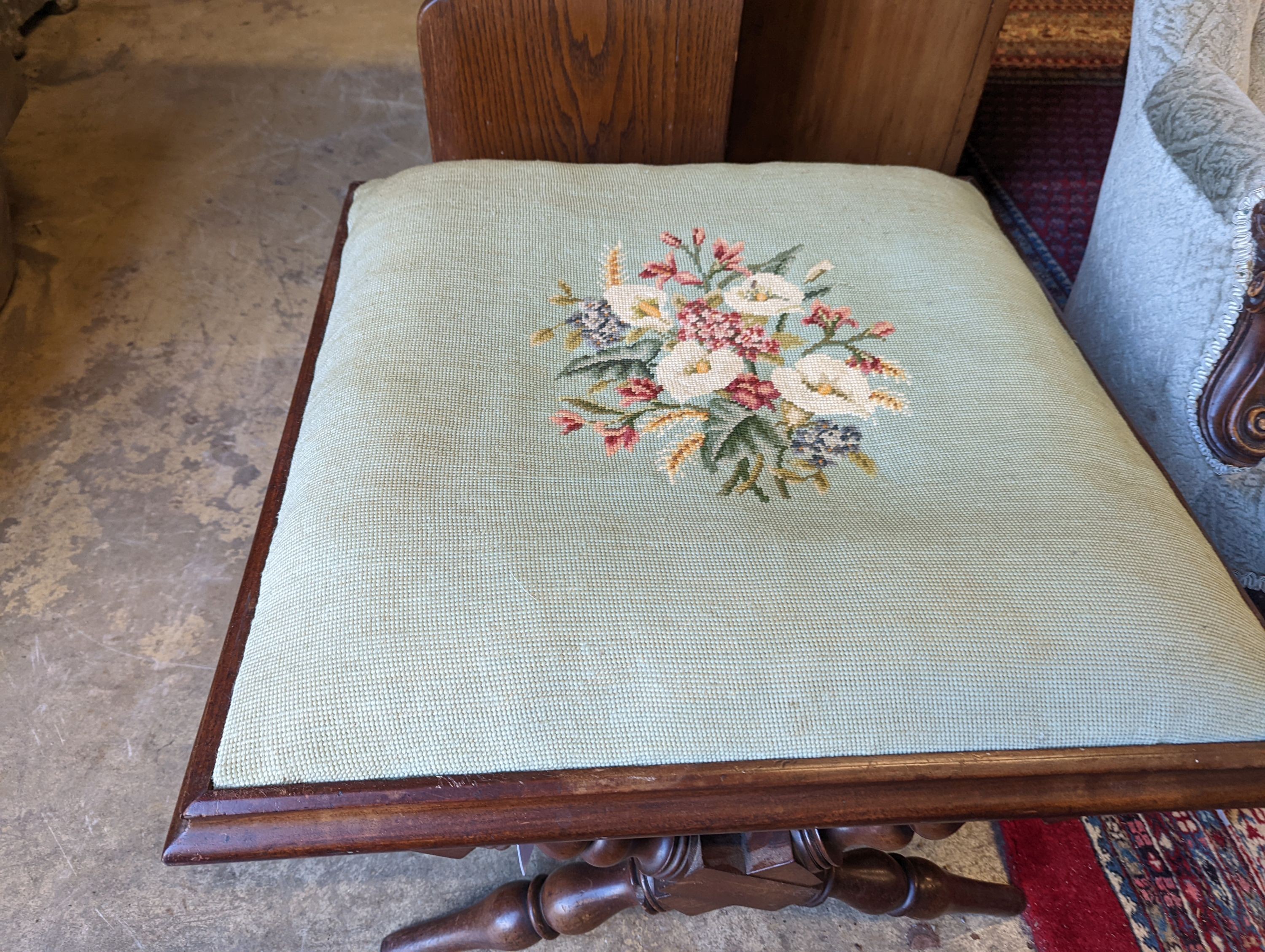 A Victorian mahogany X frame stool with tapestry top, length 65cm, depth 65cm, height 36cm